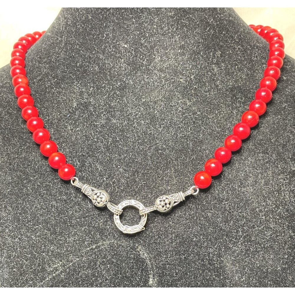 1960s 925 BC Sterling Silver Red Coral Beaded Necklace-Vintage - Picture 3 of 8